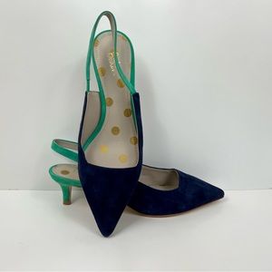 NWOB Boden Suede Slingback Kitten Heel Pumps Pointed Toe Navy Blue Teal Sz 39.5